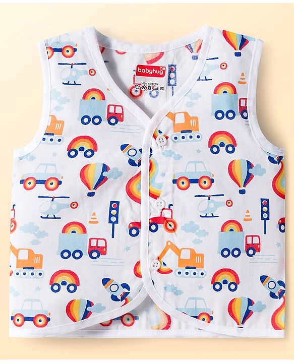 Babyhug 100% Cotton Woven Sleeveless Front Open Jhabla with Stripe & Car Print Pack of 3 - Multicolor