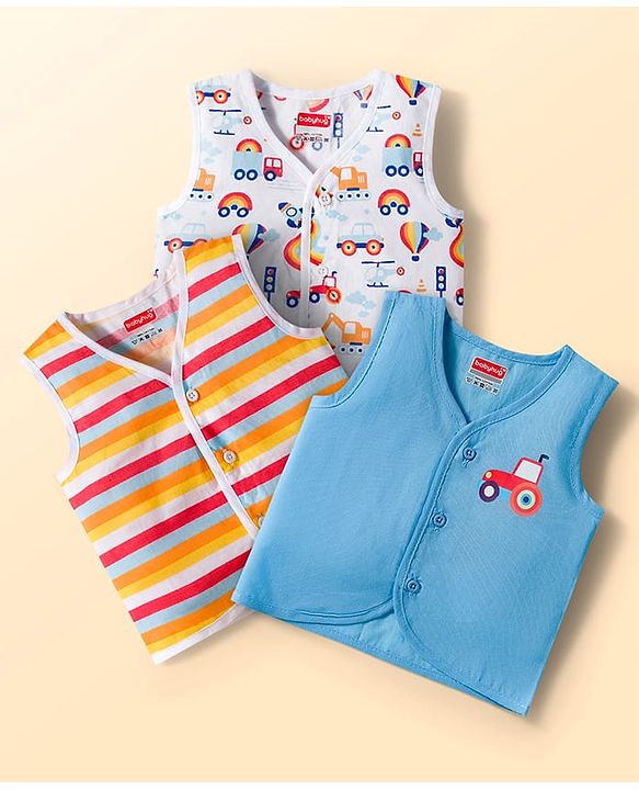 Babyhug 100% Cotton Woven Sleeveless Front Open Jhabla with Stripe & Car Print Pack of 3 - Multicolor