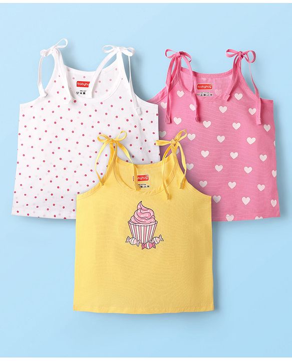 Babyhug 100% Cotton Woven Sleeveless Shoulder Tie Knot Jhabla with Polka Dots & Heart Print Pack of 3 - White Pink & Yellow