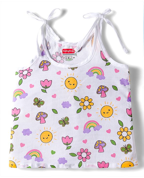 Babyhug 100% Cotton Cambric Woven Sleevesless Shoulder Tie Knot Jhabla with Hearts & Floral Print Pack of 3 - Pink Yellow & White