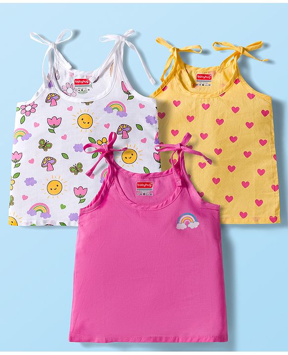 Babyhug 100% Cotton Cambric Woven Sleevesless Shoulder Tie Knot Jhabla with Hearts & Floral Print Pack of 3 - Pink Yellow & White