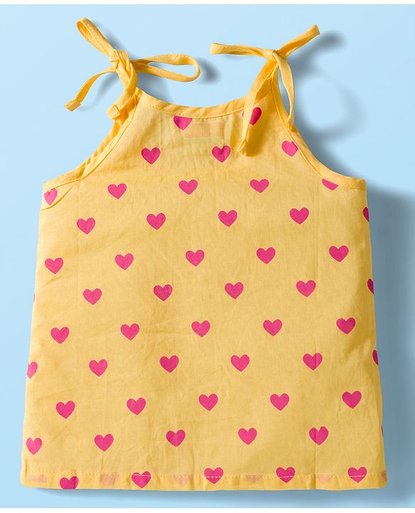 Babyhug 100% Cotton Cambric Woven Sleevesless Shoulder Tie Knot Jhabla with Hearts & Floral Print Pack of 3 - Pink Yellow & White