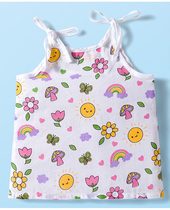 Babyhug 100% Cotton Cambric Woven Sleevesless Shoulder Tie Knot Jhabla with Hearts & Floral Print Pack of 3 - Pink Yellow & White