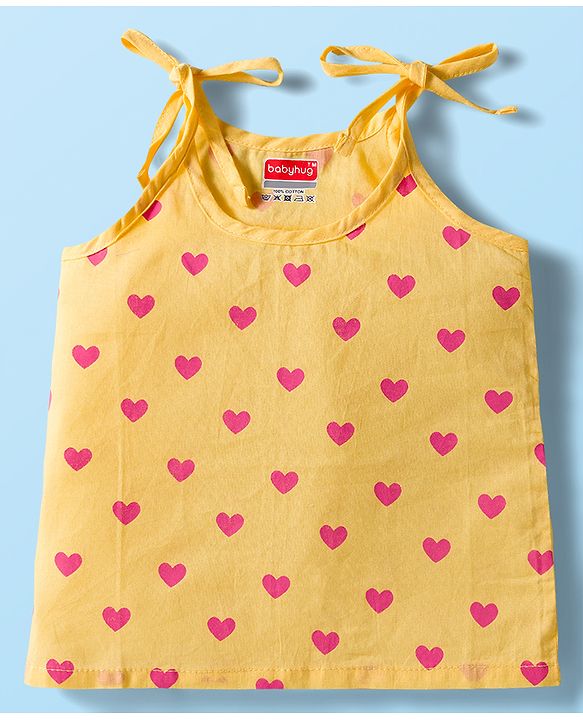 Babyhug 100% Cotton Cambric Woven Sleevesless Shoulder Tie Knot Jhabla with Hearts & Floral Print Pack of 3 - Pink Yellow & White