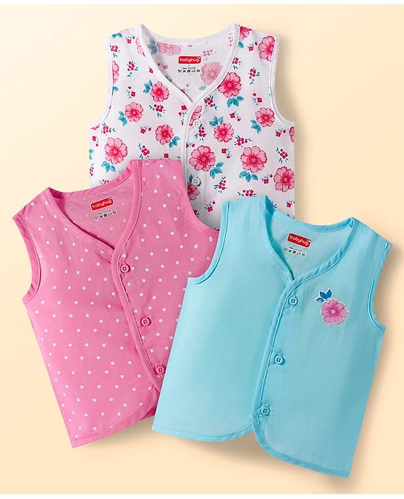 Babyhug 100% Cotton Cambric Woven Sleeveless Front Open Jhablas with Polka Dot & Floral Print Pack of 3 - White Pink & Light Blue