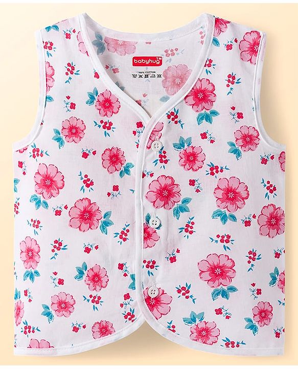 Babyhug 100% Cotton Cambric Woven Sleeveless Front Open Jhablas with Polka Dot & Floral Print Pack of 3 - White Pink & Light Blue