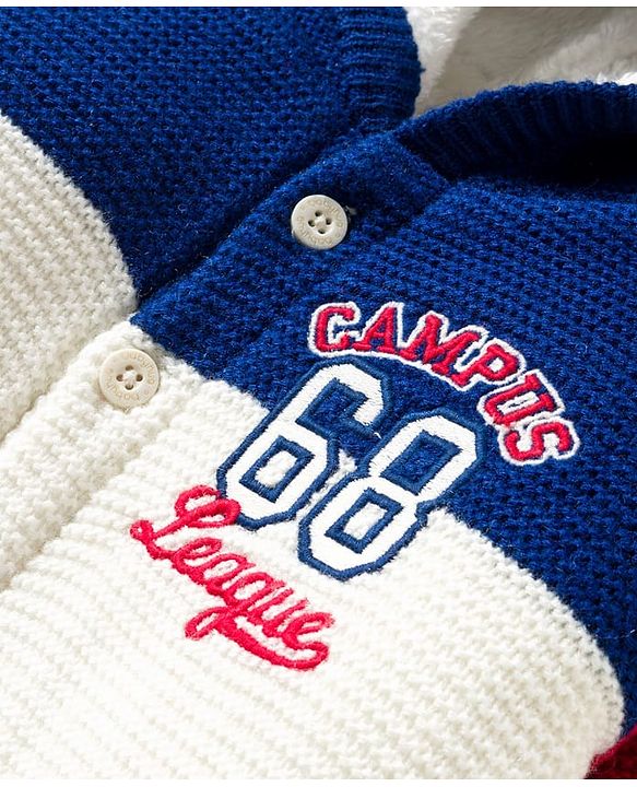 Babyhug Knitted Full Sleeves Hooded Front Open Sweater With Text Embroidery - Red Navy Blue & White