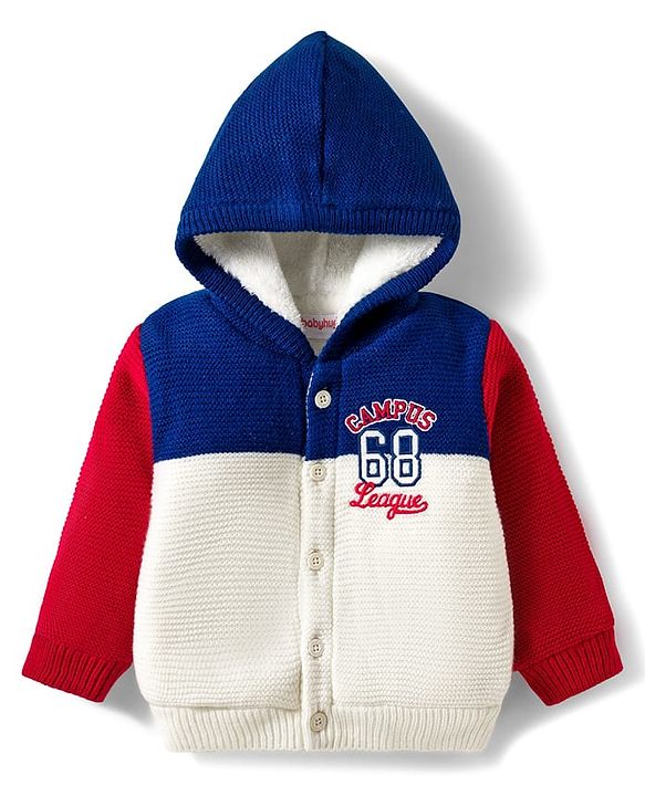 Babyhug Knitted Full Sleeves Hooded Front Open Sweater With Text Embroidery - Red Navy Blue & White