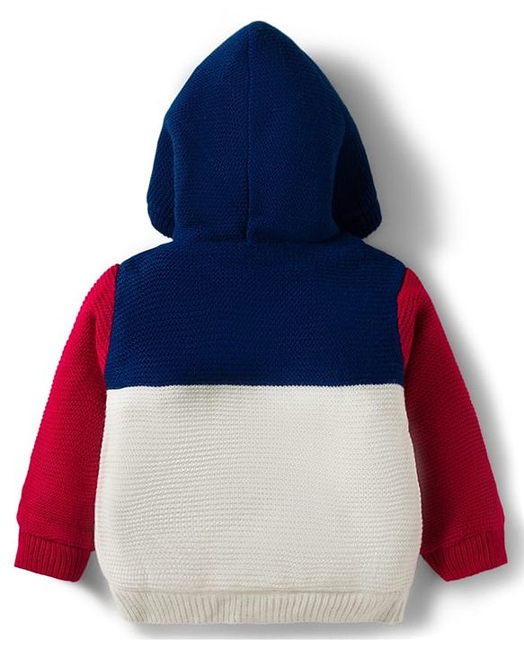 Babyhug Knitted Full Sleeves Hooded Front Open Sweater With Text Embroidery - Red Navy Blue & White