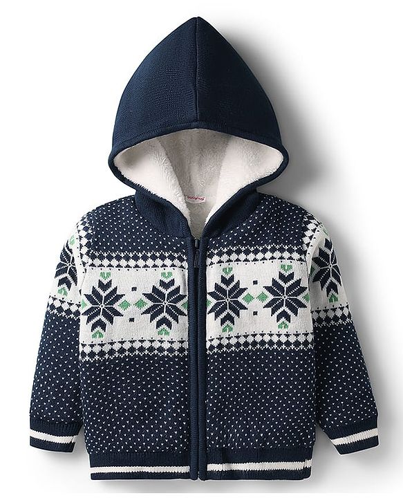 Babyhug Knitted Full Sleeves Front Open Hooded Sweater with Fair Isle Design - Navy Blue