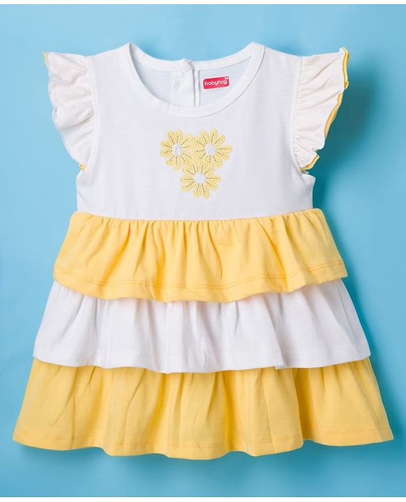 Babyhug Single Jersey Knit Frill Sleeves Layered Frock with Bloomer & Floral Embroidery - White