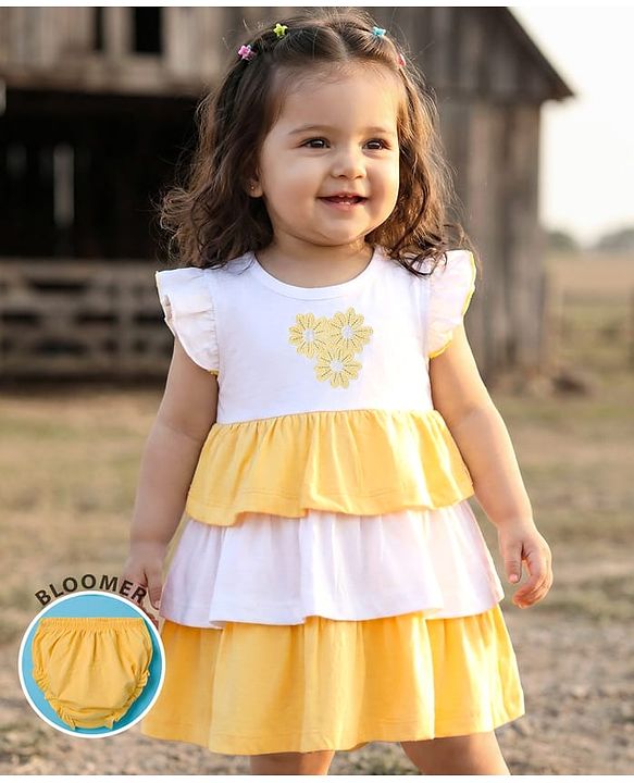 Babyhug Single Jersey Knit Frill Sleeves Layered Frock with Bloomer & Floral Embroidery - White