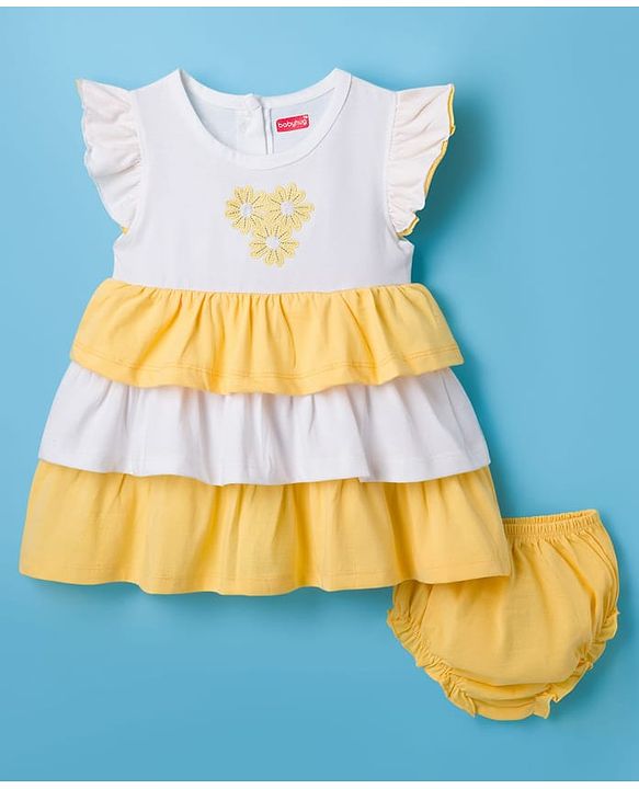 Babyhug Single Jersey Knit Frill Sleeves Layered Frock with Bloomer & Floral Embroidery - White