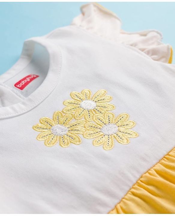 Babyhug Single Jersey Knit Frill Sleeves Layered Frock with Bloomer & Floral Embroidery - White