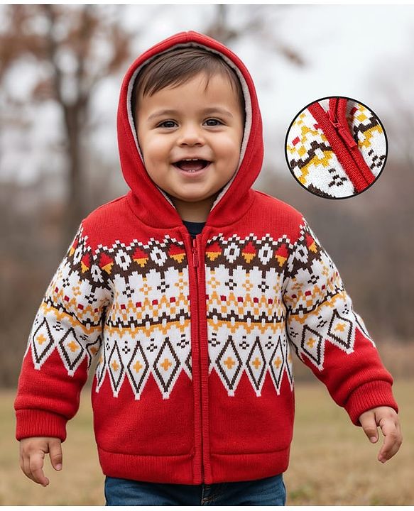 Babyhug Knit Full Sleeves Front Open Hooded Sweater with Aztec Design - Red Grey & Yellow
