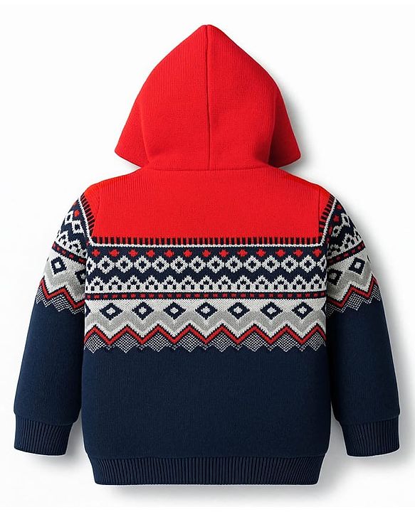 Babyhug Knit Full Sleeves Hooded Front Open Sweater With Geometric Design & Kangaroo Pockets - Orange & Navy Blue