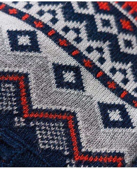 Babyhug Knit Full Sleeves Hooded Front Open Sweater With Geometric Design & Kangaroo Pockets - Orange & Navy Blue