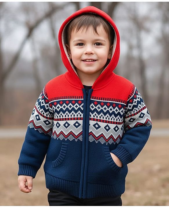 Babyhug Knit Full Sleeves Hooded Front Open Sweater With Geometric Design & Kangaroo Pockets - Orange & Navy Blue