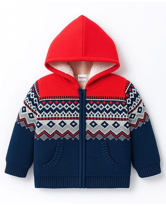 Babyhug Knit Full Sleeves Hooded Front Open Sweater With Geometric Design & Kangaroo Pockets - Orange & Navy Blue