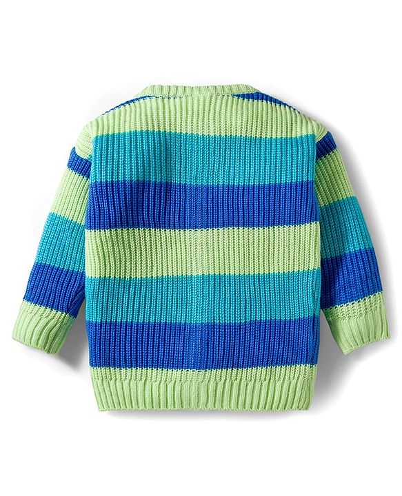 Babyhug Knitted Full Sleeves Striped Front Open Sweater With Text Embroidery - Multicolor