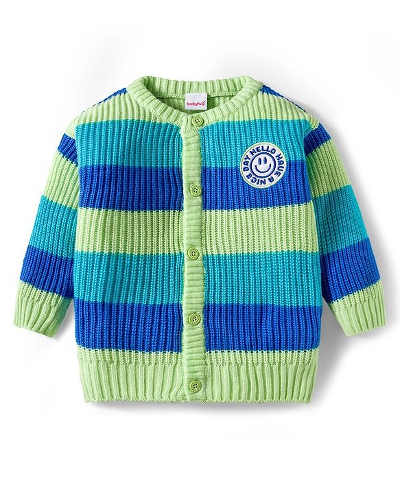 Babyhug Knitted Full Sleeves Striped Front Open Sweater With Text Embroidery - Multicolor