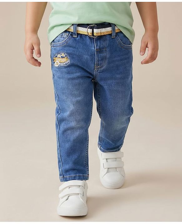 Babyhug Denim Full Length Washed Embroidered Jeans With Stretch & Belt - Blue