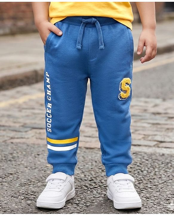 Babyhug French Terry Knit Full Length Lounge Pant With Text Print - Blue