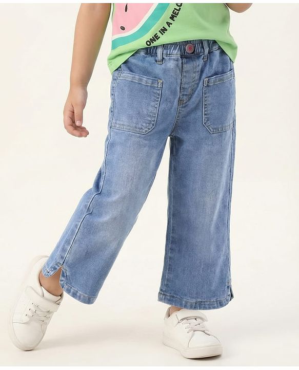 Babyhug Denim Washed Capri With Stretch & Front Pockets - Light Blue