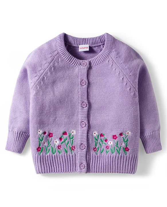 Babyhug Knitted Full Raglan Sleeves Front Open Sweater With Floral Embroidery - Lavender