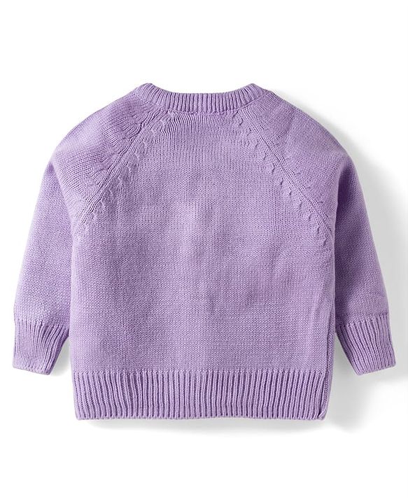 Babyhug Knitted Full Raglan Sleeves Front Open Sweater With Floral Embroidery - Lavender