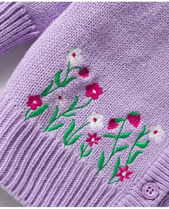 Babyhug Knitted Full Raglan Sleeves Front Open Sweater With Floral Embroidery - Lavender