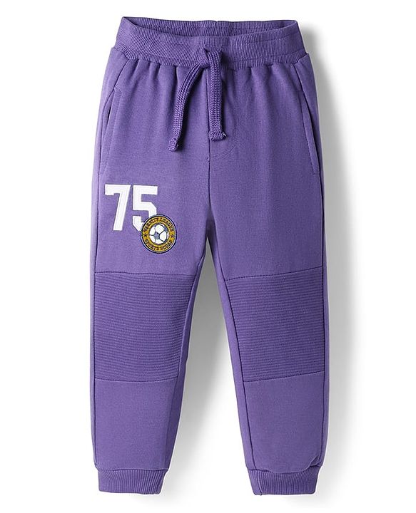 Babyhug Terry Cotton Knit Full Length Cut & Sew Lounge Pant With Sports Theme Print & Patch - Purple