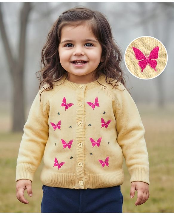 Babyhug Knitted Full Raglan Sleeves Front Open Sweater With Butterfly Design - Light Yellow