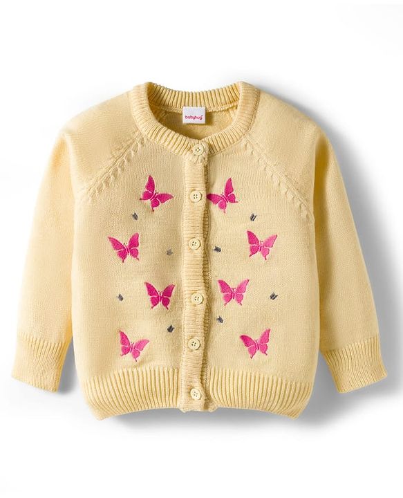Babyhug Knitted Full Raglan Sleeves Front Open Sweater With Butterfly Design - Light Yellow
