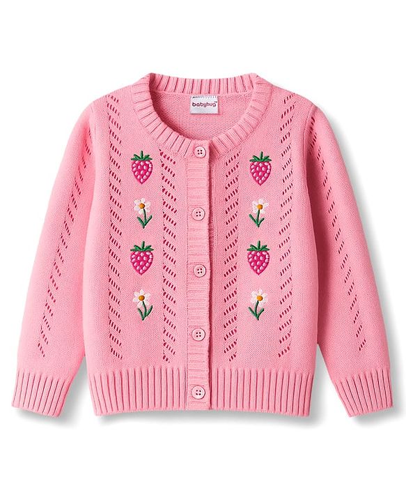 Babyhug Knit Full Sleeves Front Open Sweater with Tropical Theme Design - Baby Pink