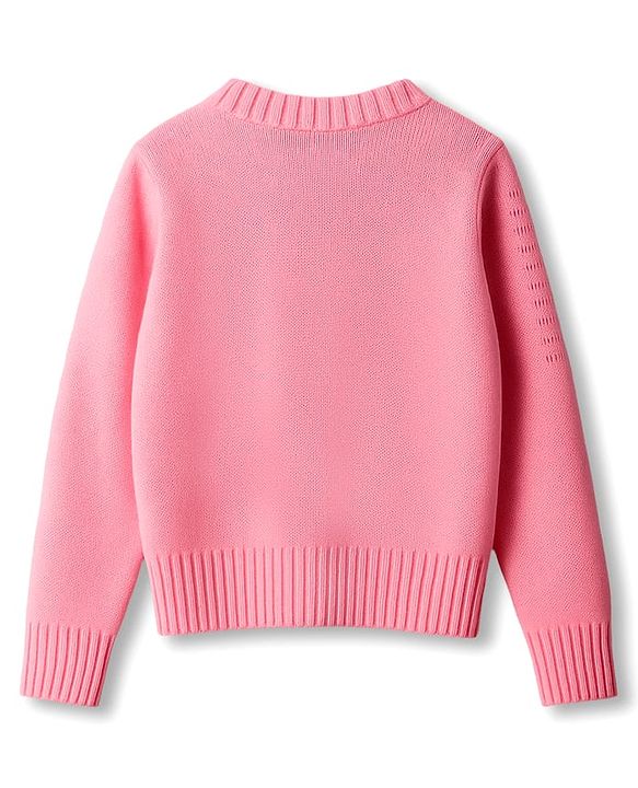 Babyhug Knit Full Sleeves Front Open Sweater with Tropical Theme Design - Baby Pink