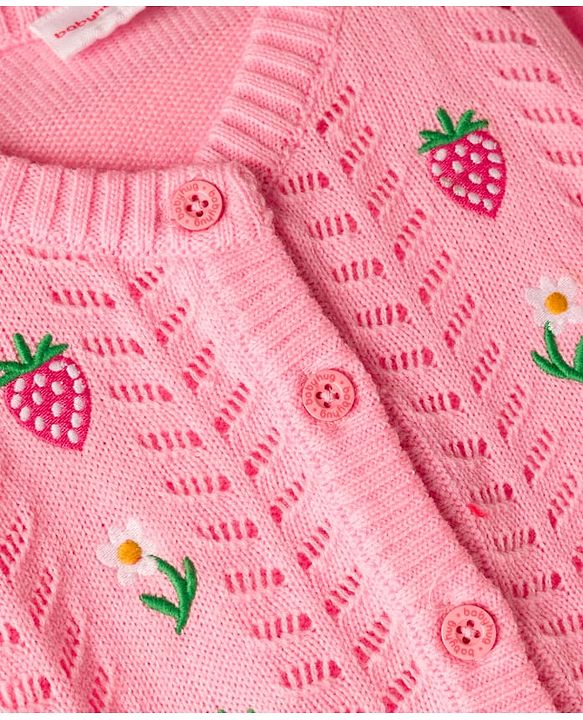 Babyhug Knit Full Sleeves Front Open Sweater with Tropical Theme Design - Baby Pink