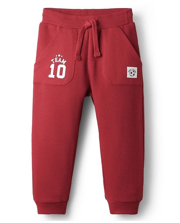 Babyhug Terry Cotton Knit Full Length Lounge Pant With Sports Theme Print - Maroon