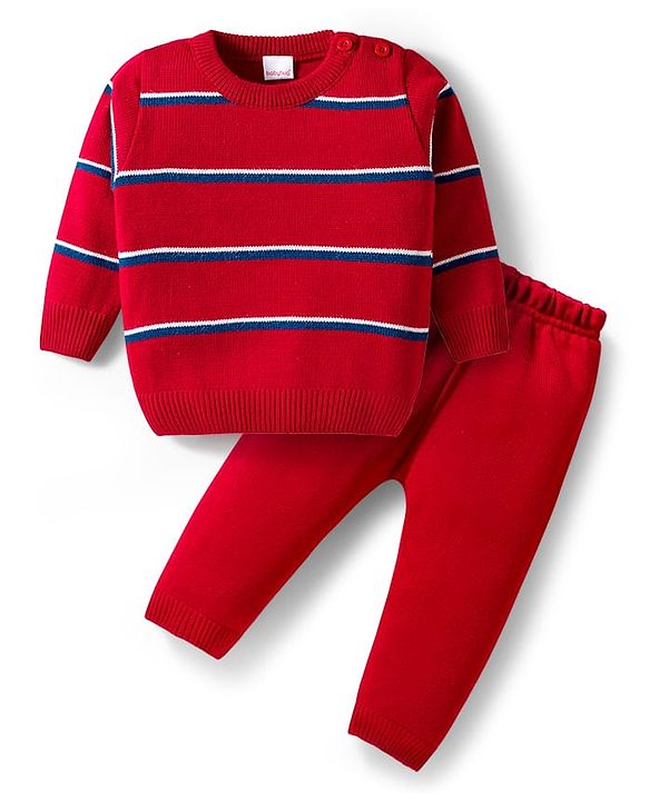 Babyhug Knit Full Sleeves Striped Pullover Sweater Set - Red & Navy Blue