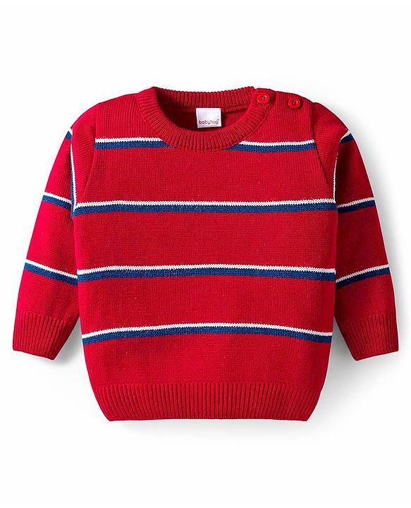 Babyhug Knit Full Sleeves Striped Pullover Sweater Set - Red & Navy Blue