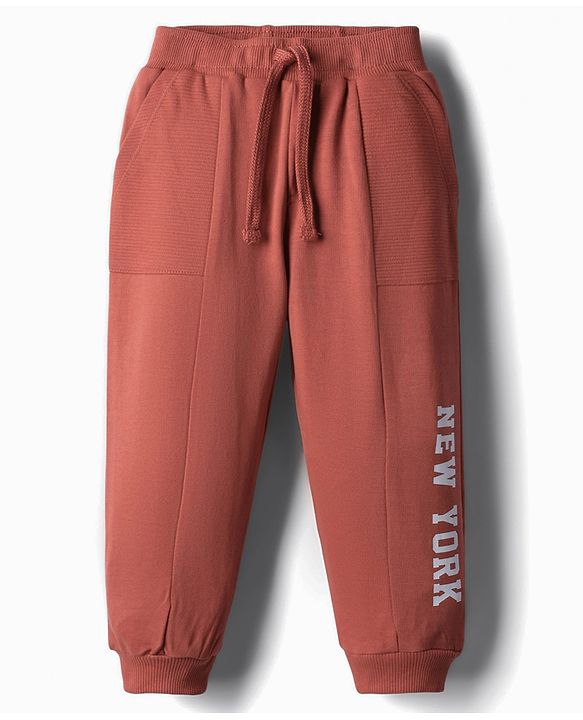 Babyhug French Terry Knit Full Length Lounge Pant With text Print - Brown