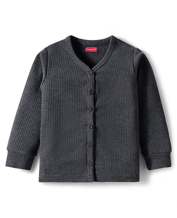 Babyhug Knit Full Sleeves Solid Front Open Thermal Set - Charcoal Grey