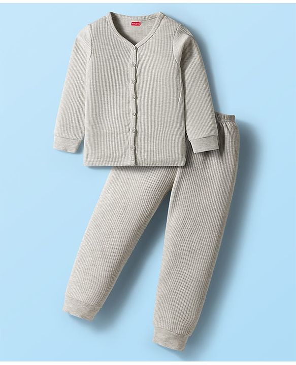 Babyhug Knit Full Sleeves Solid Color Thermal Inner Wear Set - Light Grey