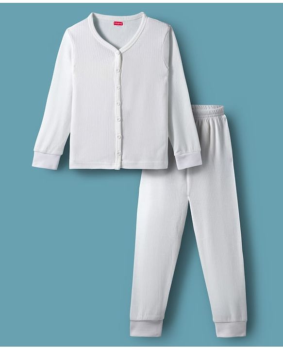 Babyhug Knit Front open Solid Coloured Thermal Set - OffWhite