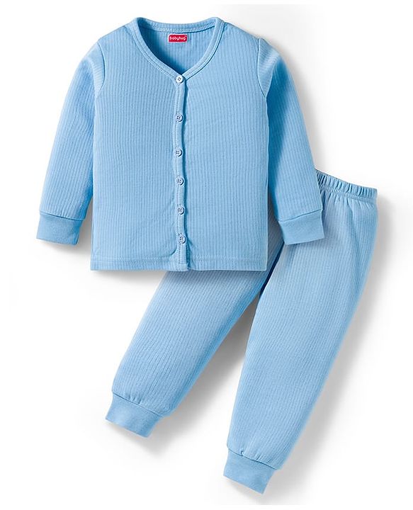Babyhug Knit Full Sleeves Front Open Solid Thermal Set - Light Blue