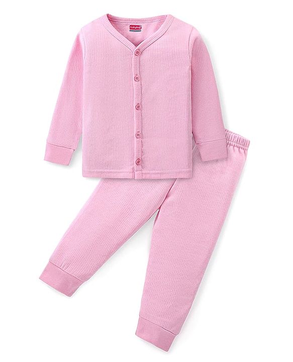Babyhug Cotton Knit Full Sleeves Solid Color Thermal Vest & Pant Set - Pink