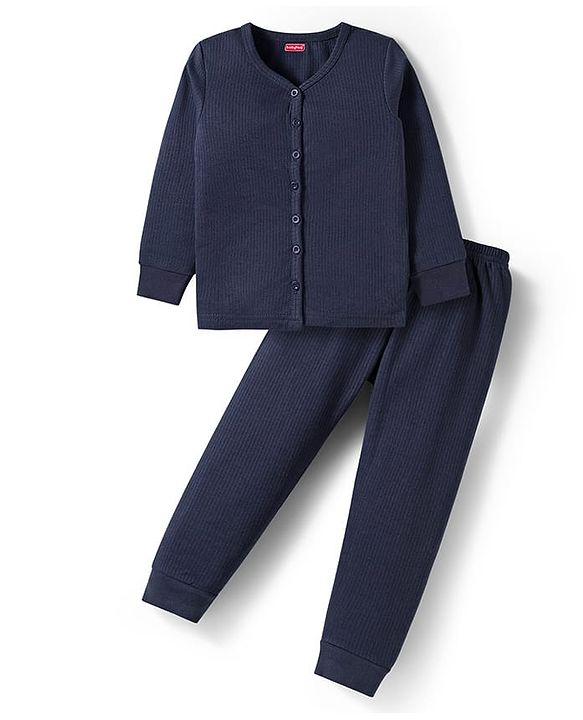 Babyhug Knit Full Sleeves Solid Color Thermal Inner Wear Set - Navy Blue