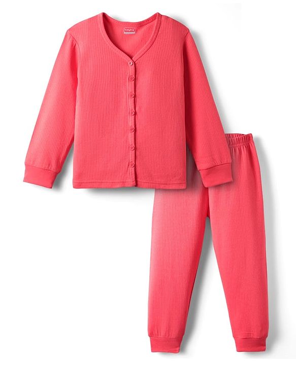 Babyhug Knit Full Sleeves Solid Front Open Thermal Vest & Pant Set - Coral