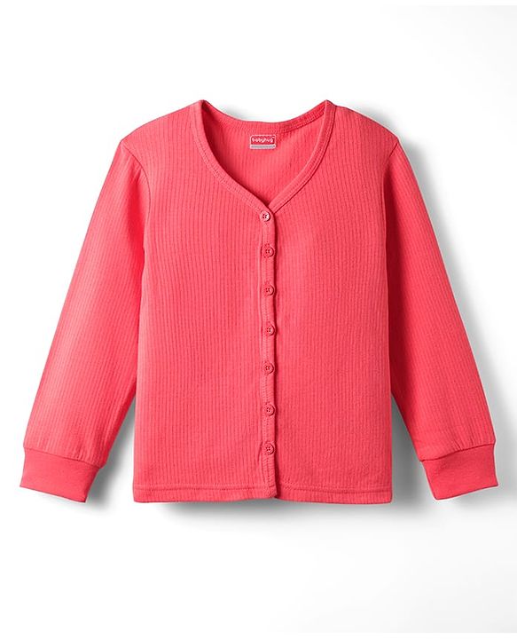 Babyhug Knit Full Sleeves Solid Front Open Thermal Vest & Pant Set - Coral