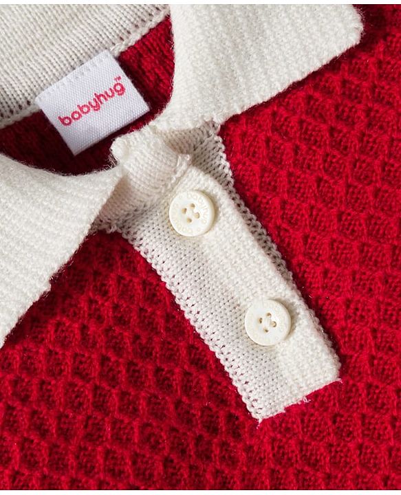 Babyhug Knitted Full Sleeves Solid Color Pullover Sweater with Polo Collar - Red